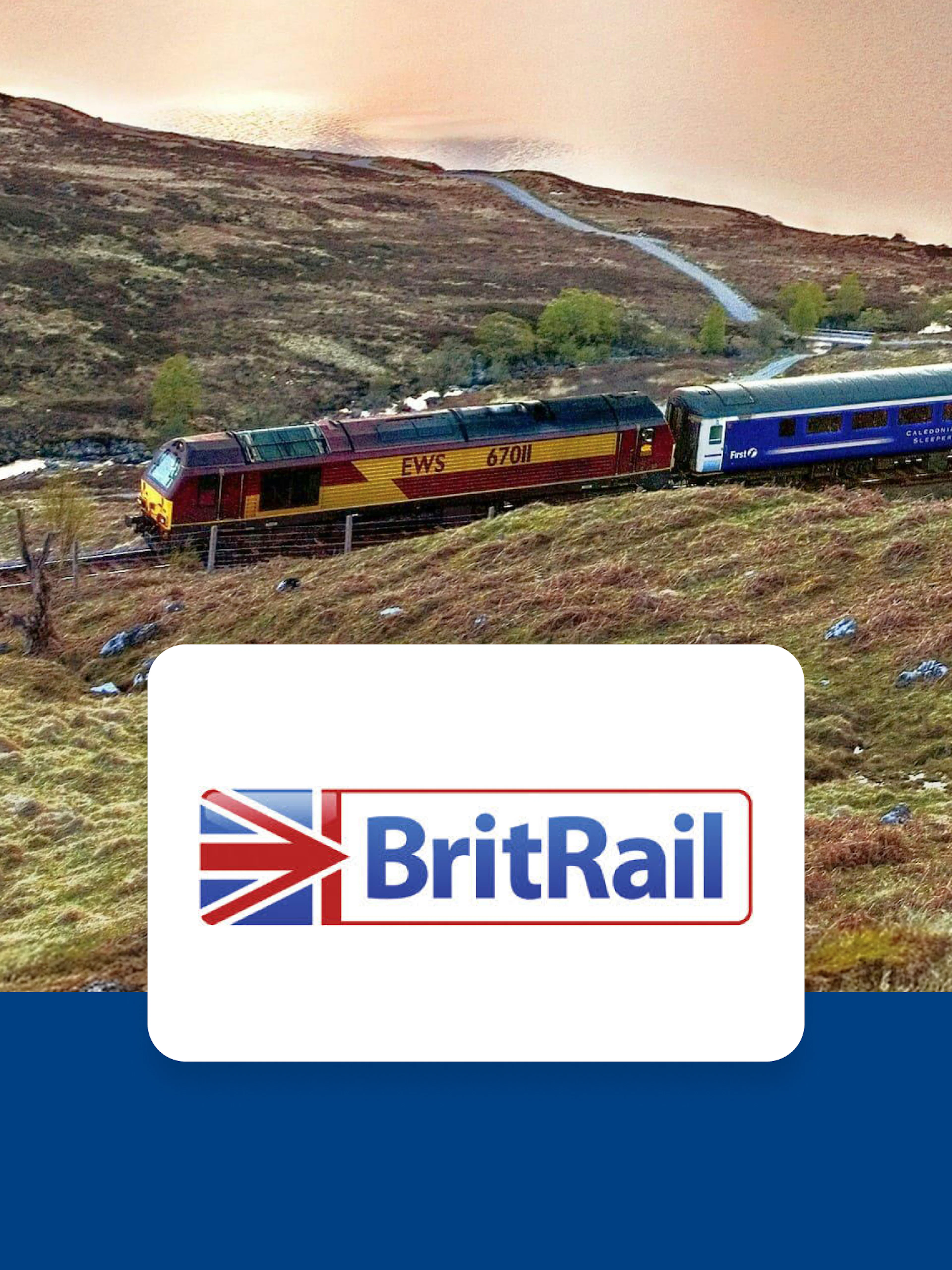 Train traveling through scenic British countryside with BritRail logo.