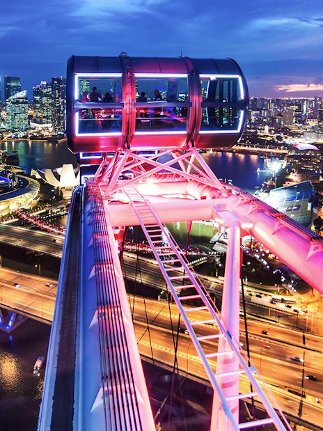 Singapore Flyer cabin illuminated for New Year's Eve, overlooking city skyline.
