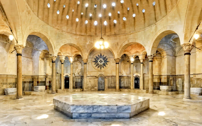 Traditional Turkish Hammam with marble architecture in Istanbul.