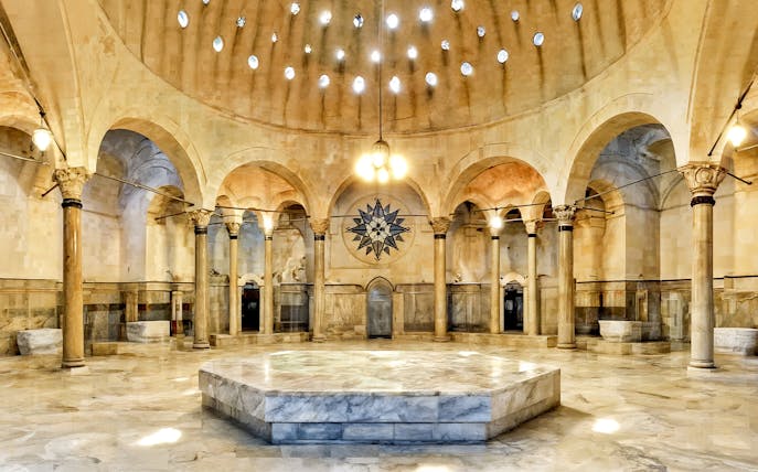 Traditional Turkish Hammam with marble architecture in Istanbul.