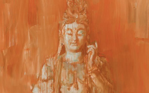 Yan Pei-Ming painting of a serene figure in orange tones at Palazzo Strozzi exhibition.