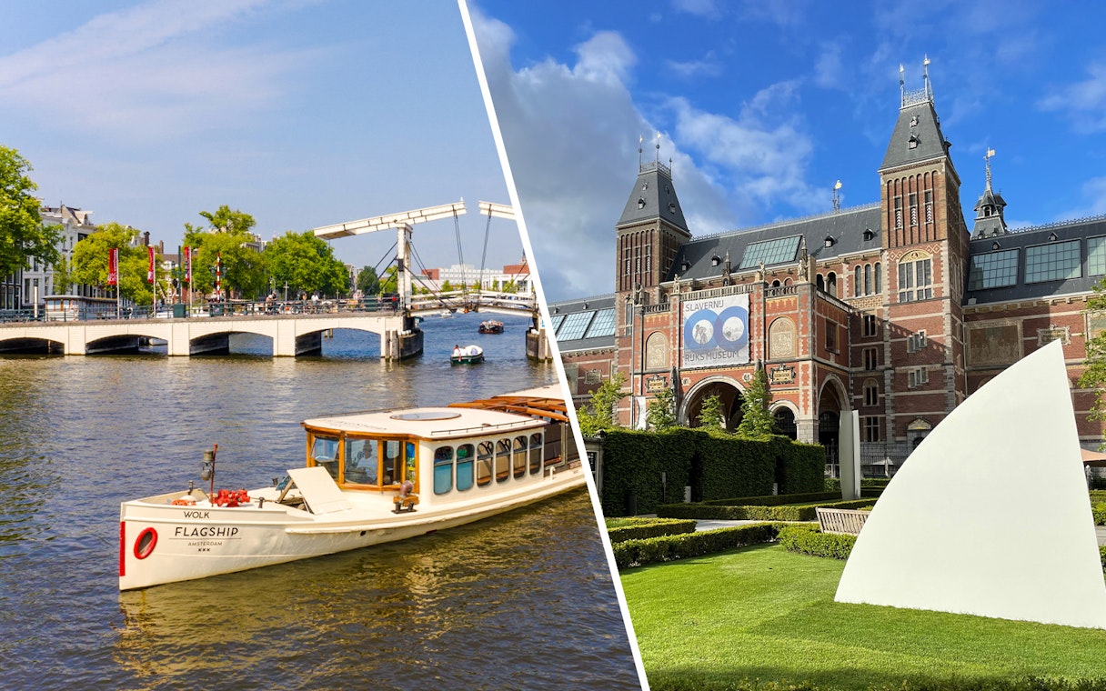 Rijksmuseum exterior with garden and nearby canal in Amsterdam.