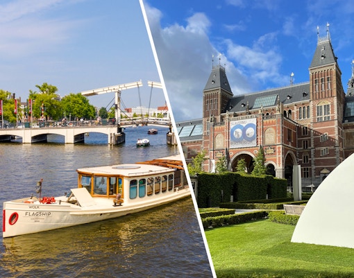 Rijksmuseum exterior with garden and nearby canal in Amsterdam.