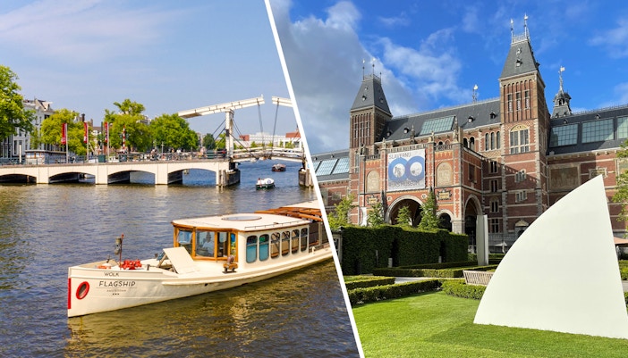 Rijksmuseum exterior with garden and nearby canal in Amsterdam.