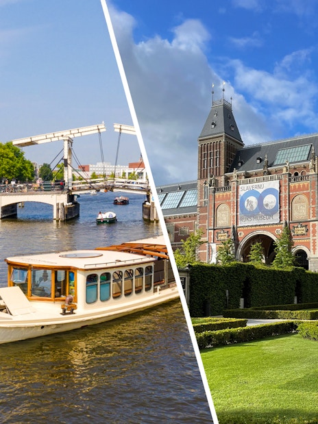 Rijksmuseum exterior with garden and nearby canal in Amsterdam.