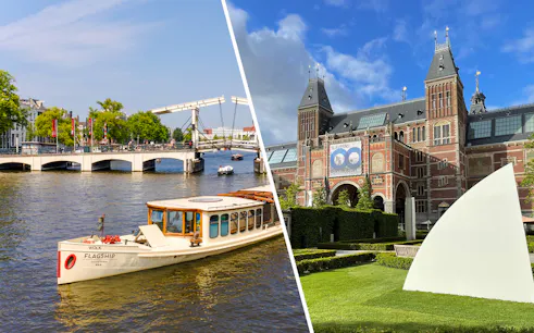 Rijksmuseum exterior with garden and nearby canal in Amsterdam.