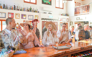 Group enjoying wine tasting at a Gold Coast winery bar.