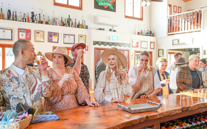 Group enjoying wine tasting at a Gold Coast winery bar.