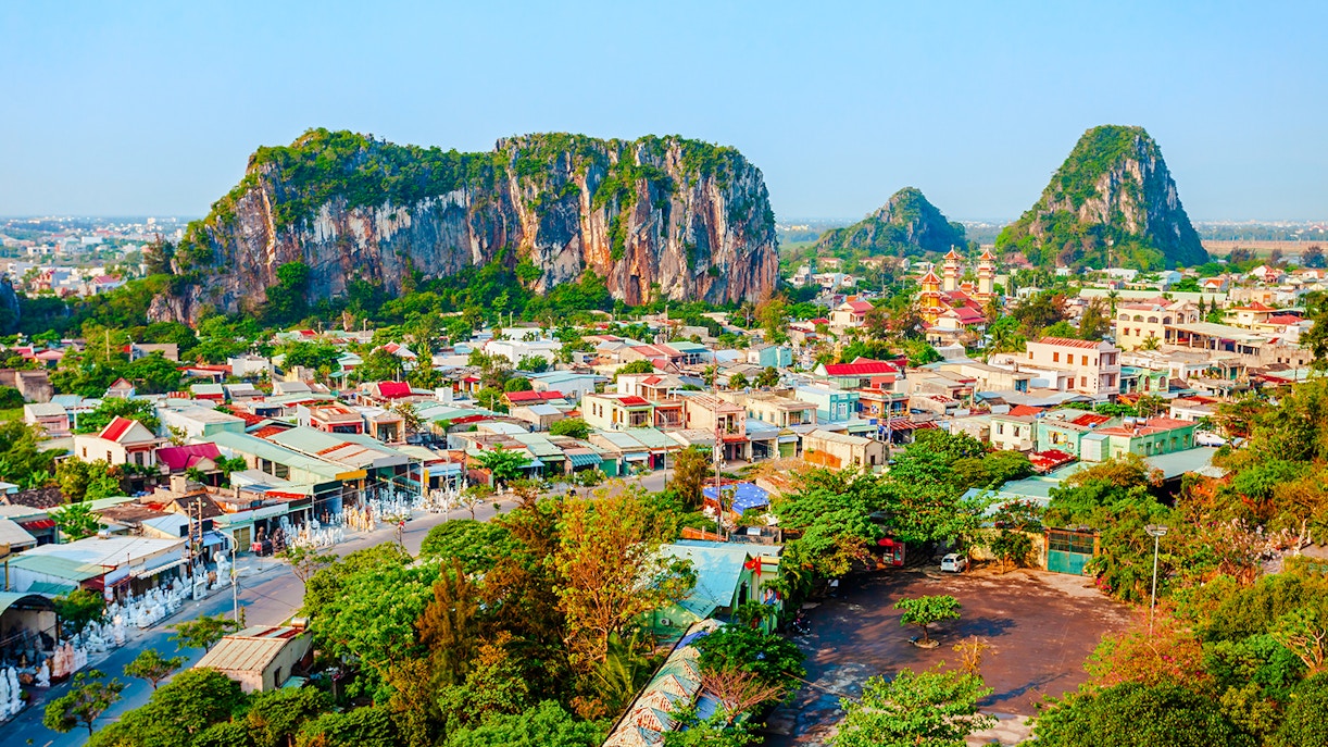 Marble Mountains and surrounding village in Đà Nẵng, Vietnam.