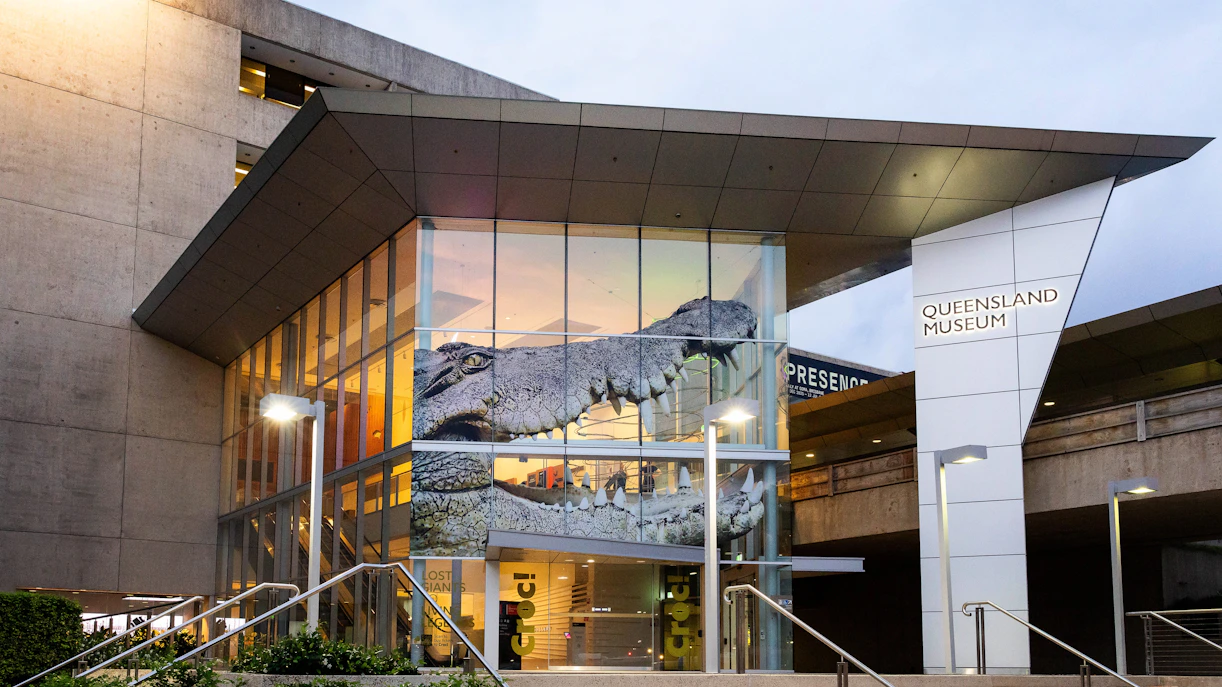 Queensland Museum entrance with large crocodile display for Croc! Lost Giants to Living Legends exhibit.