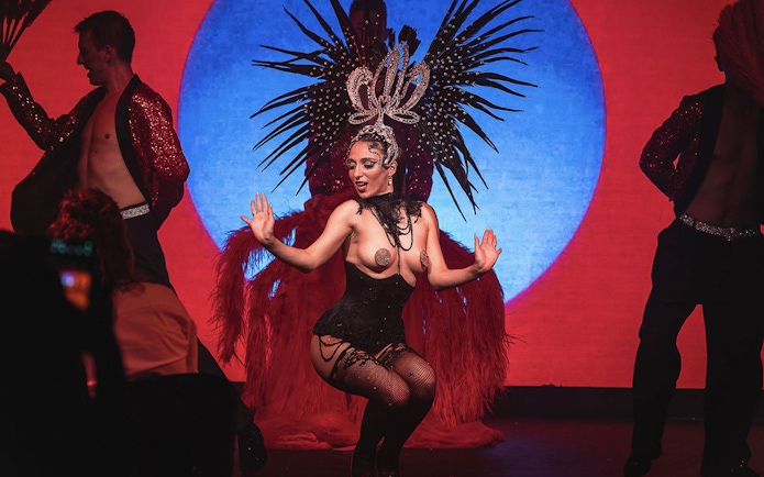 Cabaret dancers performing at La Scène Dinner Show in Prague.