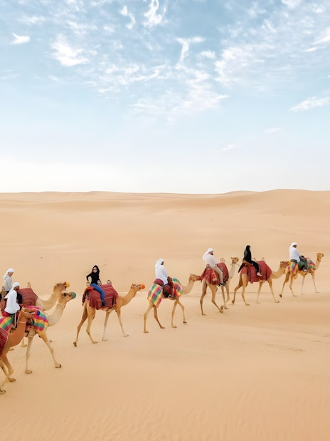 Camel ride through desert dunes at Bedouin Culture Safari, Dubai.