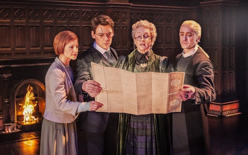 Actors examining a map during a scene from Harry Potter and the Cursed Child on Broadway.