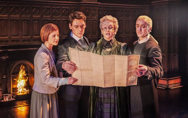 Actors examining a map during a scene from Harry Potter and the Cursed Child on Broadway.