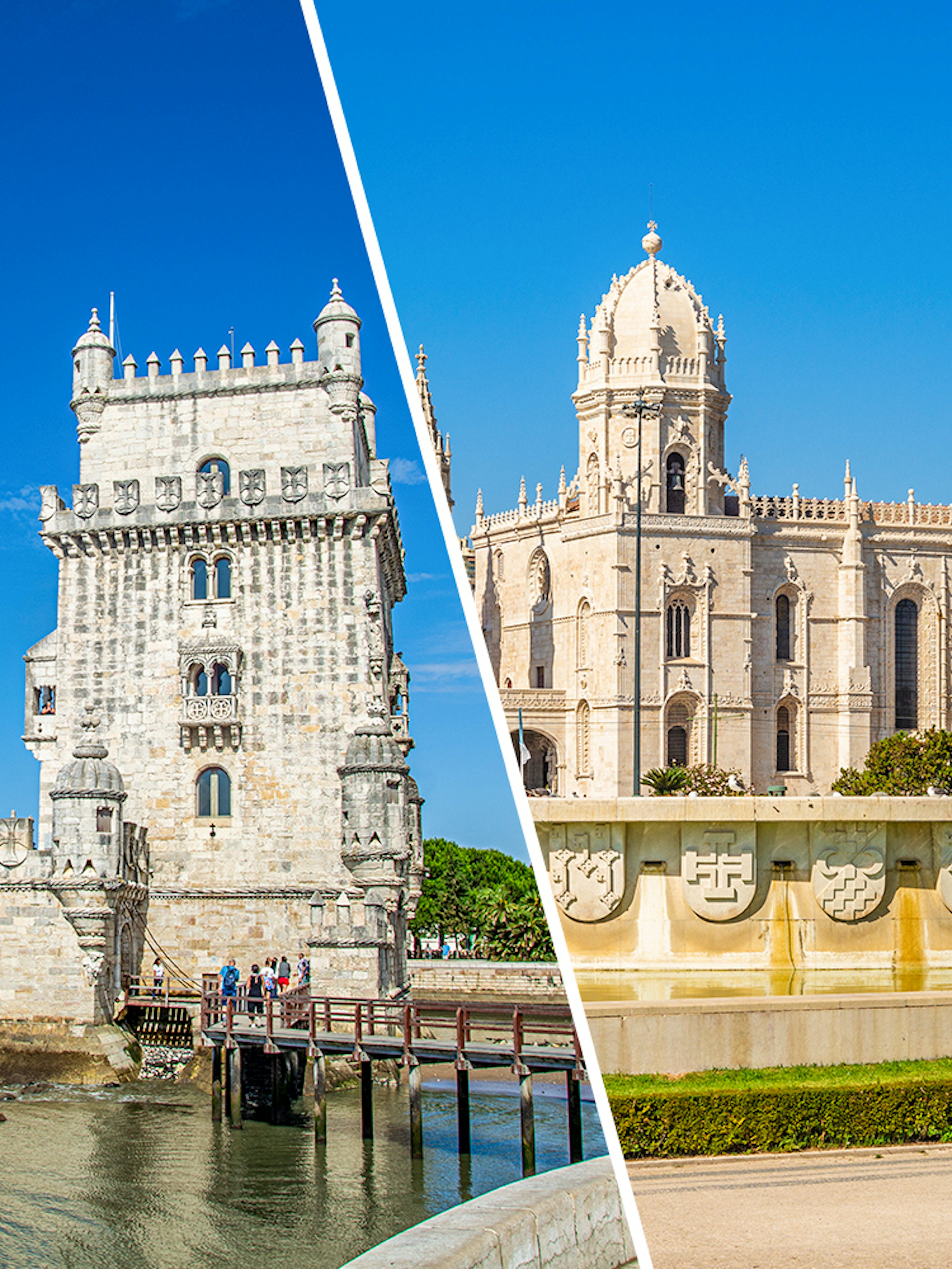 Belém Tower and Jerónimos Monastery in Lisbon, Portugal, under a clear blue sky.