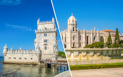Belém Tower and Jerónimos Monastery in Lisbon, Portugal, under a clear blue sky.