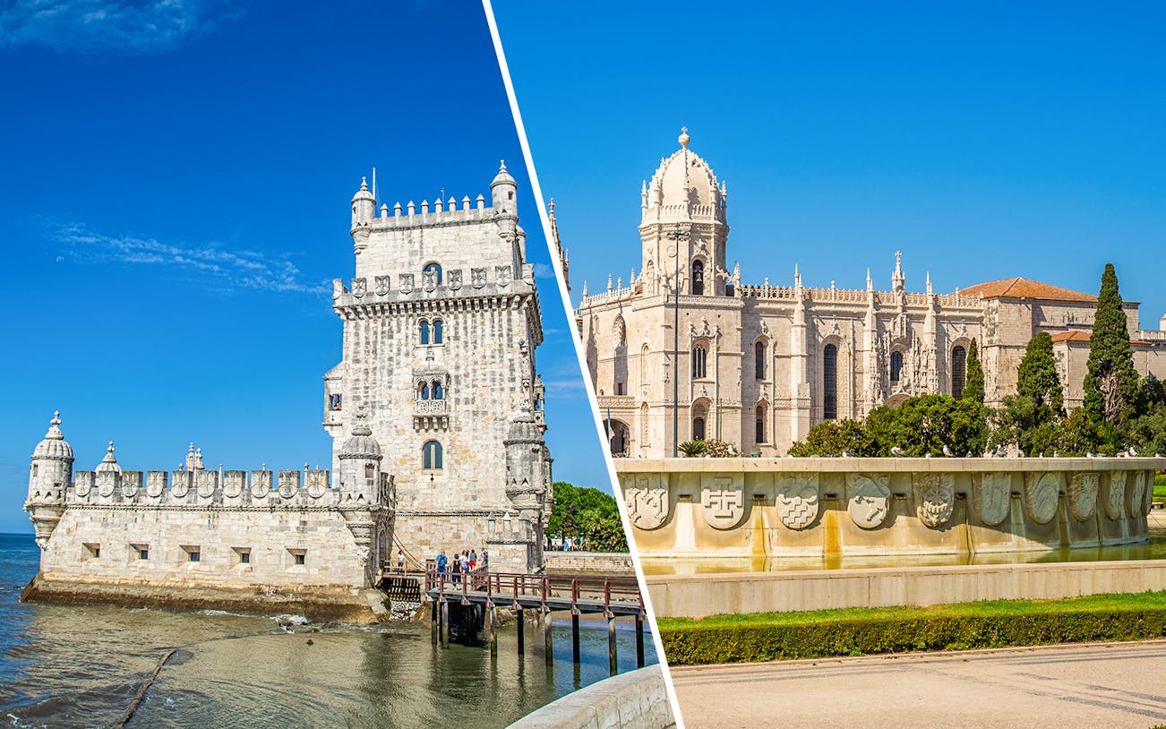 Belém Tower and Jerónimos Monastery in Lisbon, Portugal, under a clear blue sky.