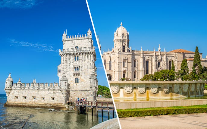 Belém Tower and Jerónimos Monastery in Lisbon, Portugal, under a clear blue sky.