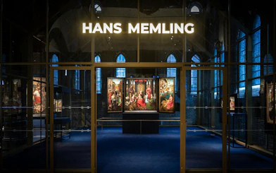 Hans Memling artwork display at Museum Sint-Janshospitaal, Bruges.