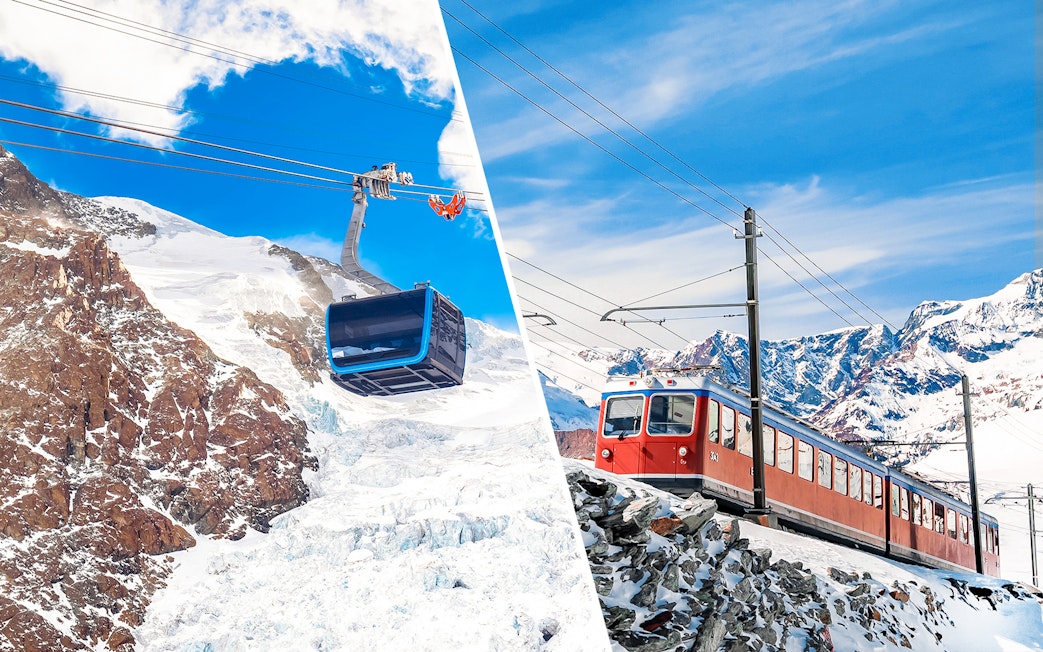 Cable car ascending snowy Matterhorn Glacier and red train on Mount Gornergrat near Zermatt.