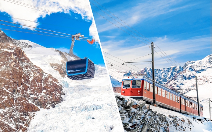 Cable car ascending snowy Matterhorn Glacier and red train on Mount Gornergrat near Zermatt.