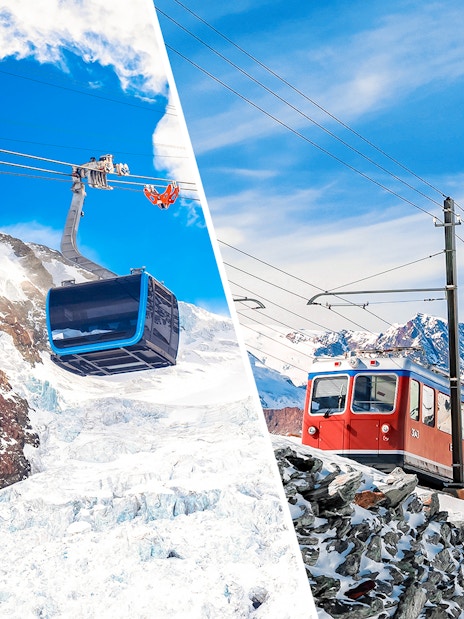 Cable car ascending snowy Matterhorn Glacier and red train on Mount Gornergrat near Zermatt.