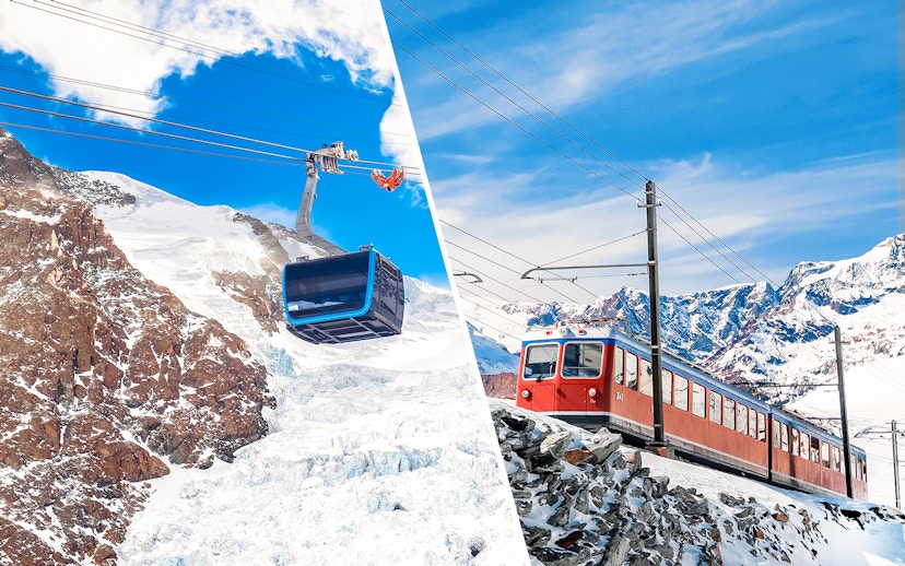 Cable car ascending snowy Matterhorn Glacier and red train on Mount Gornergrat near Zermatt.