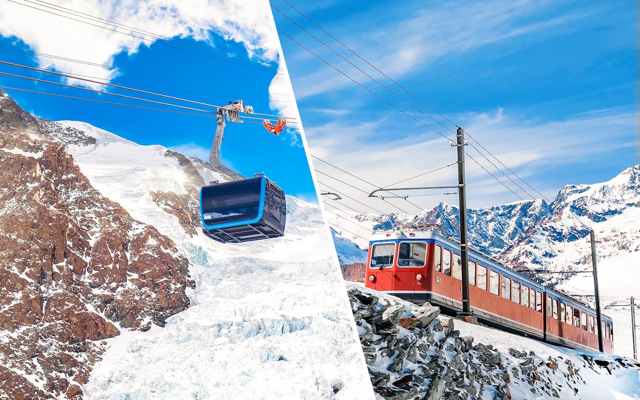 Cable car ascending snowy Matterhorn Glacier and red train on Mount Gornergrat near Zermatt.