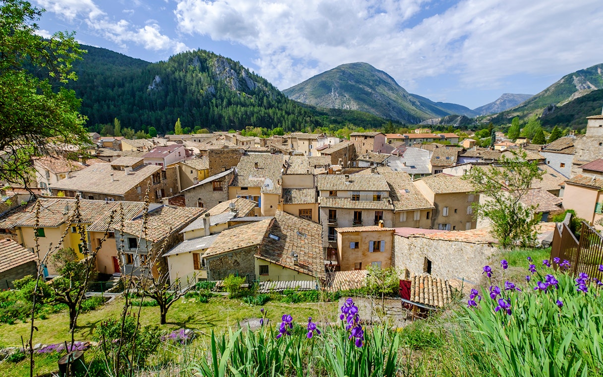 Castellane village rooftops with surrounding mountains and purple flowers in the foreground.