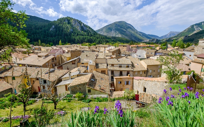 Castellane village rooftops with surrounding mountains and purple flowers in the foreground.