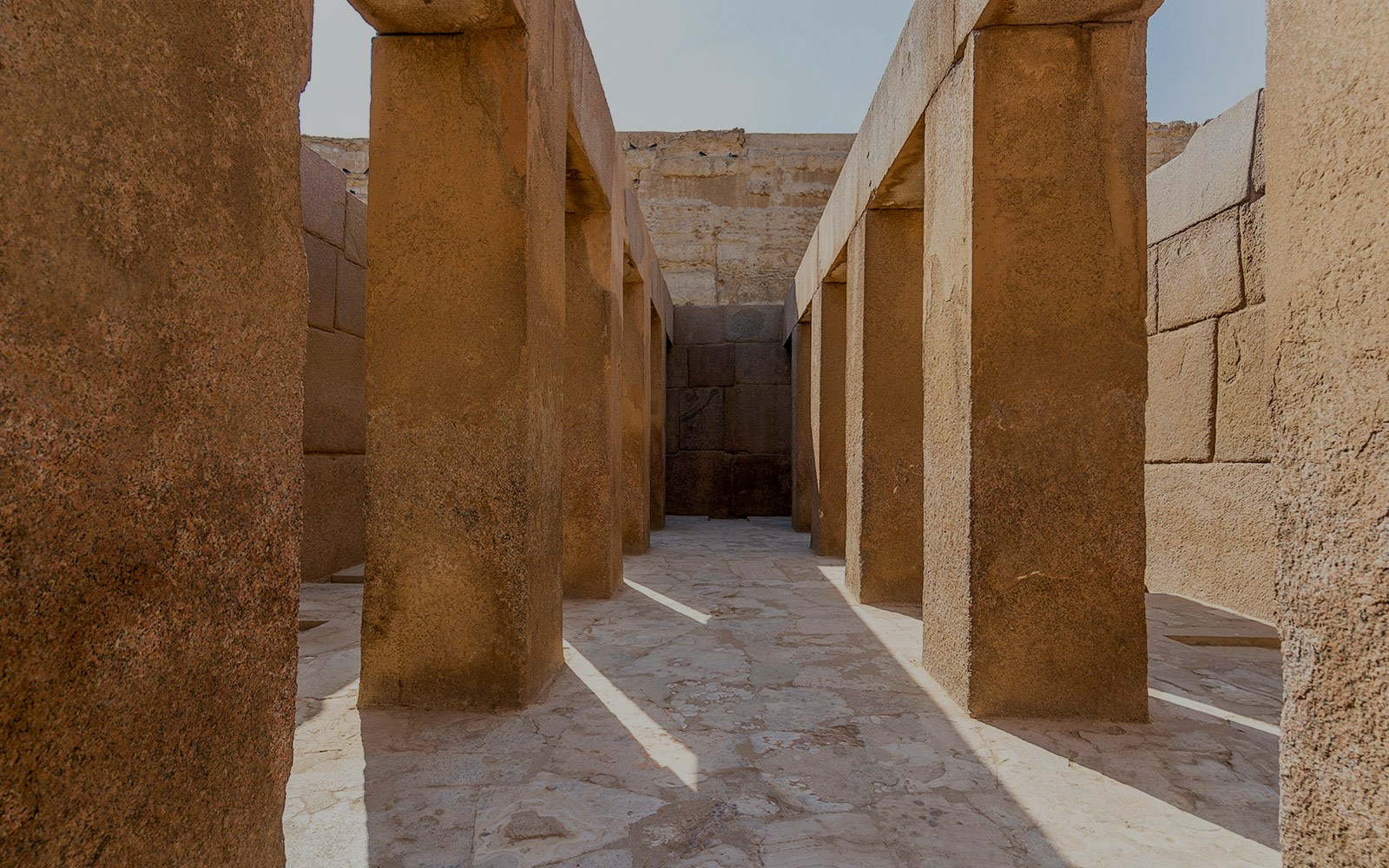 Valley Temple of Khafre stone columns and ancient architecture, Giza, Egypt.