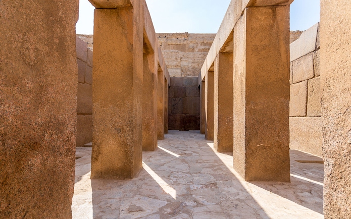 Valley Temple of Khafre stone columns and ancient architecture, Giza, Egypt.