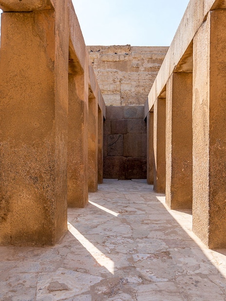 Valley Temple of Khafre stone columns and ancient architecture, Giza, Egypt.