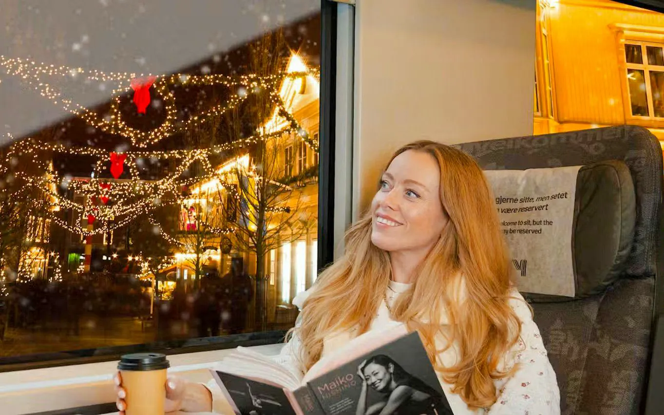 Guests enjoying scenic view from Flåm Railway in Bergen, Norway, with festive lights outside.