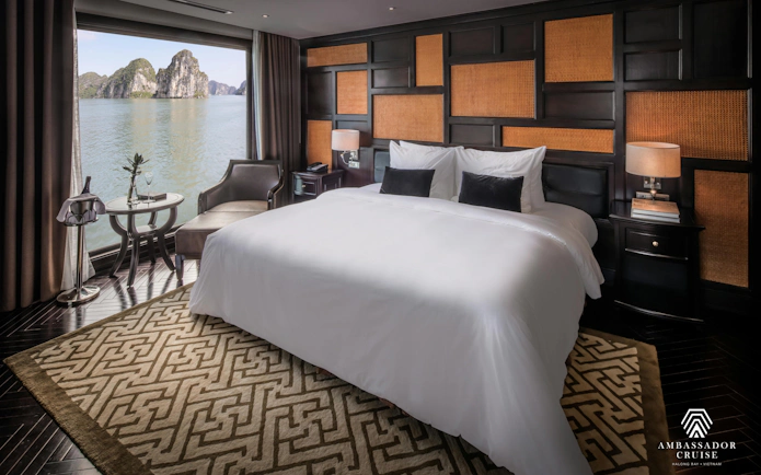 Luxurious cabin with sea view on Ha Long Bay 5-Star Ambassador Cruise, Vietnam.