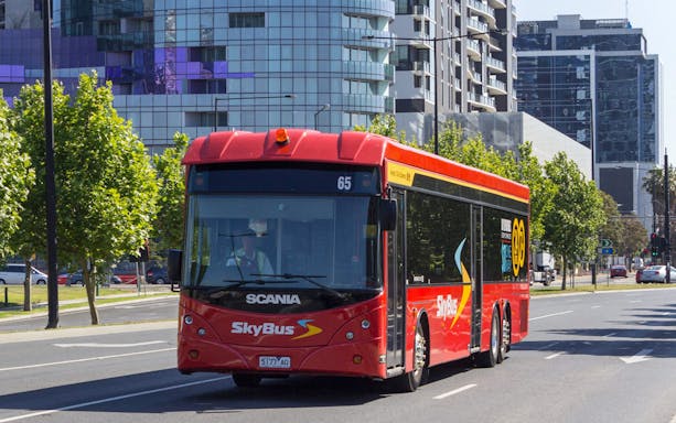 SkyBus Peninsula Express at a city bus stop with modern buildings in the background.