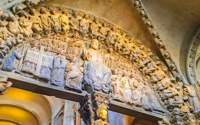 Sculpted figures on the Portico of Glory at Santiago de Compostela Cathedral, Spain.