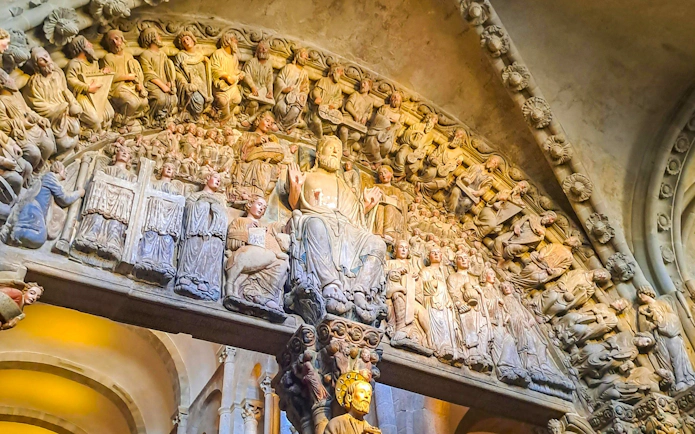 Sculpted figures on the Portico of Glory at Santiago de Compostela Cathedral, Spain.