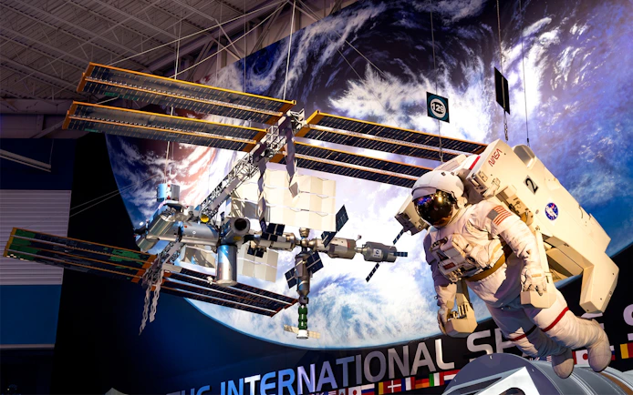 Astronaut and International Space Station exhibit at Space Center Houston.