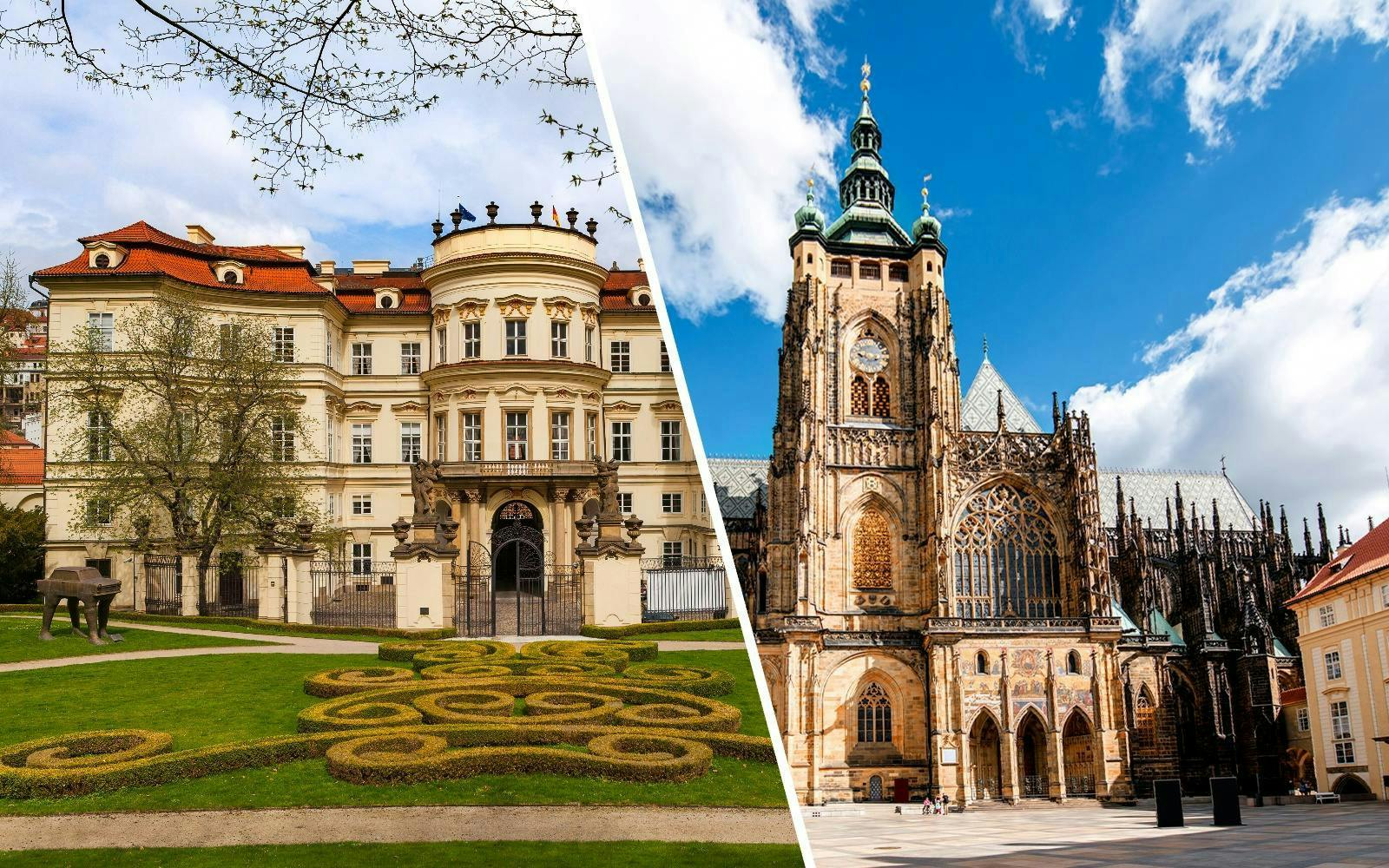Lobkowicz Palace gardens and Prague Castle's Gothic architecture in Prague.