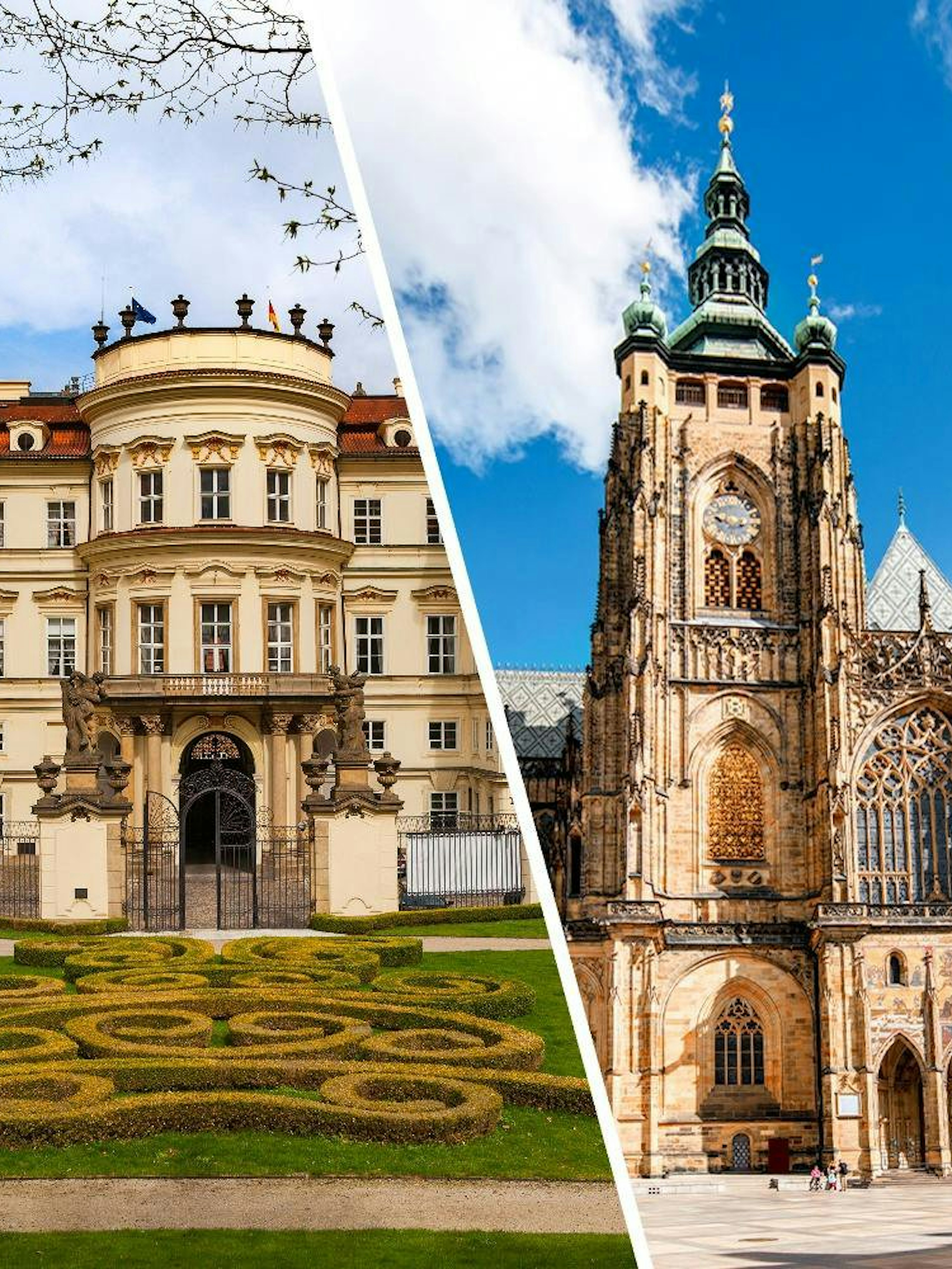 Lobkowicz Palace gardens and Prague Castle's Gothic architecture in Prague.