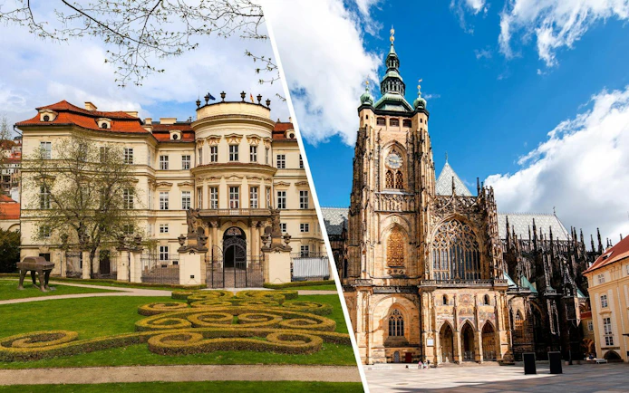 Lobkowicz Palace gardens and Prague Castle's Gothic architecture in Prague.