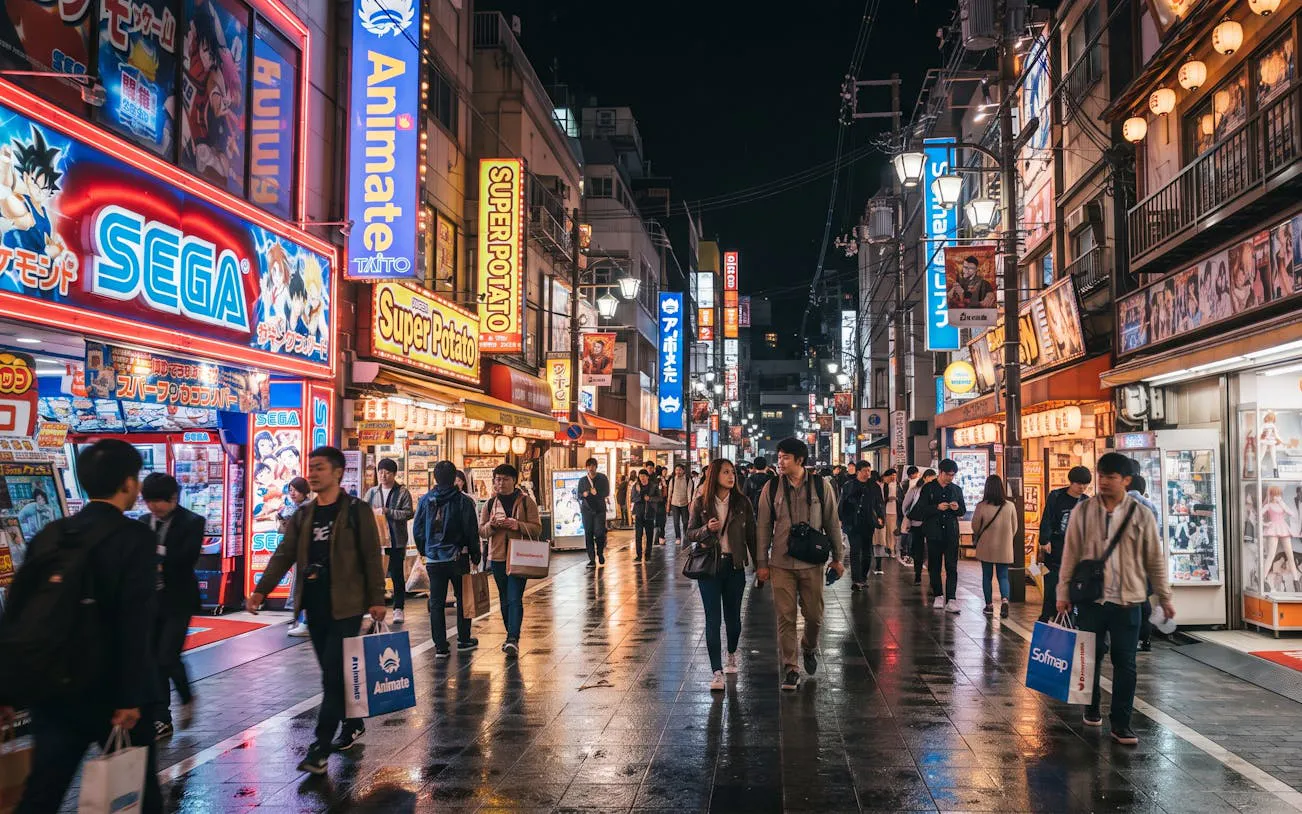 Shoppers explore Osaka's Den Den Town at night, featuring anime and retro game stores.