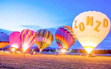 Hot air balloons preparing for sunrise flight over Melbourne field.