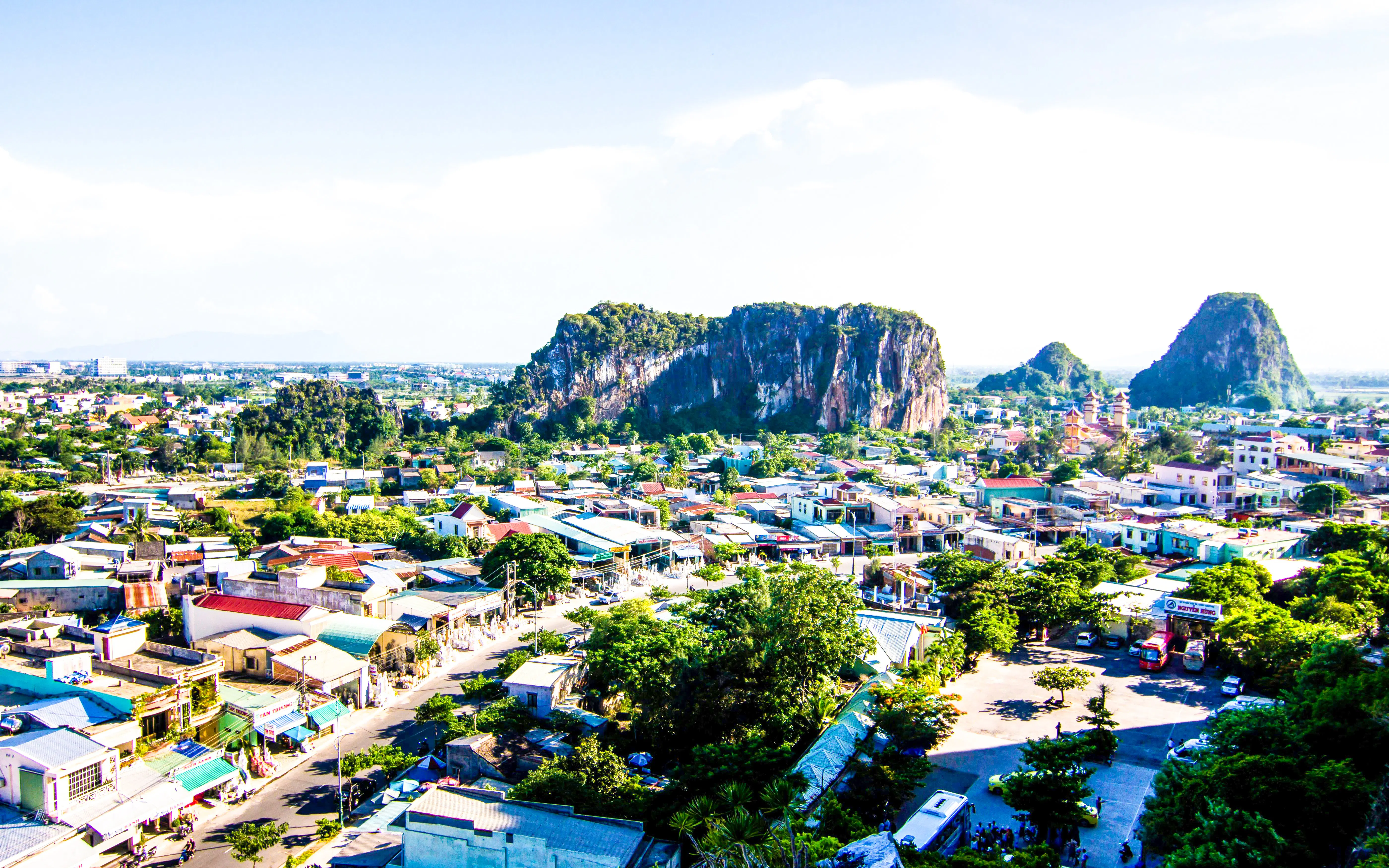 Panoramic view of Marble Mountains and Da Nang cityscape, Vietnam.