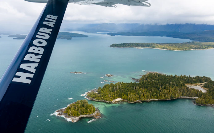 Aerial view of islands and ocean from Victoria Panorama Seaplane Scenic Tour.