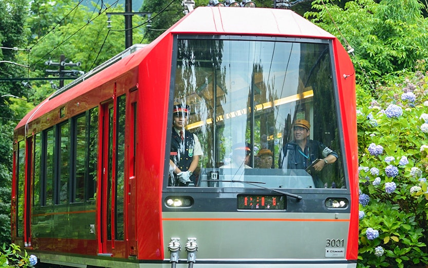 Red train traveling through lush greenery on Kamakura Day Tour from Tokyo.