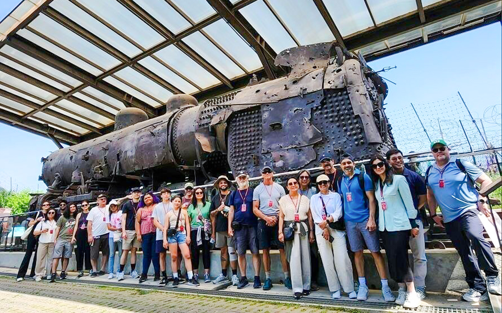 Tourists at Korean War steam locomotive, Imjingak Park, DMZ tour.