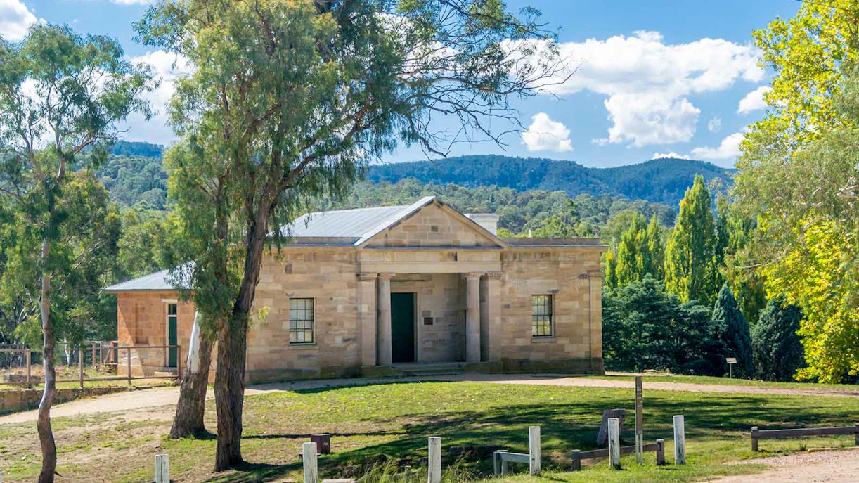 Hartley Courthouse surrounded by trees in New South Wales, Australia.