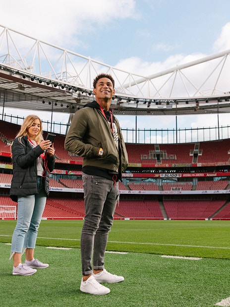 Visitors standing on the field of Emirates Stadium, London.